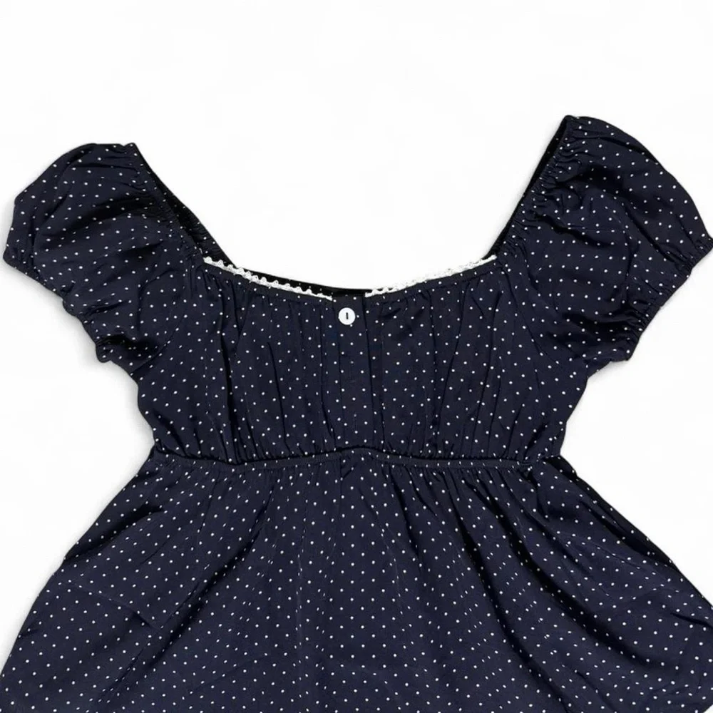 Y2K Navy Polka Dot Babydoll Top XS Ruffle Coquette Blouse Brandy Melville Style - Picture 3 of 6